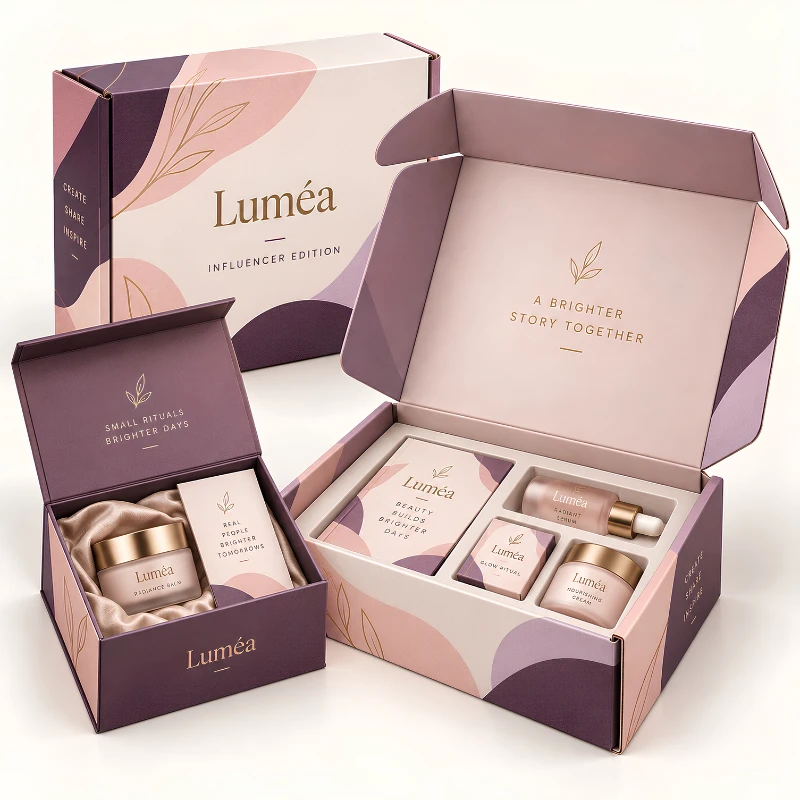 Custom influencer boxes with branded print for PR gifting and product launch campaigns