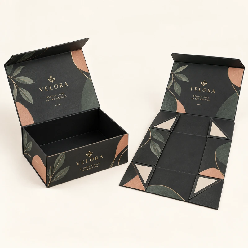 Collapsible Rigid Boxes with fold-flat structure for gift and retail packaging