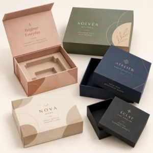 Custom Rigid Boxes with printed wraps and fitted inserts for branded packaging