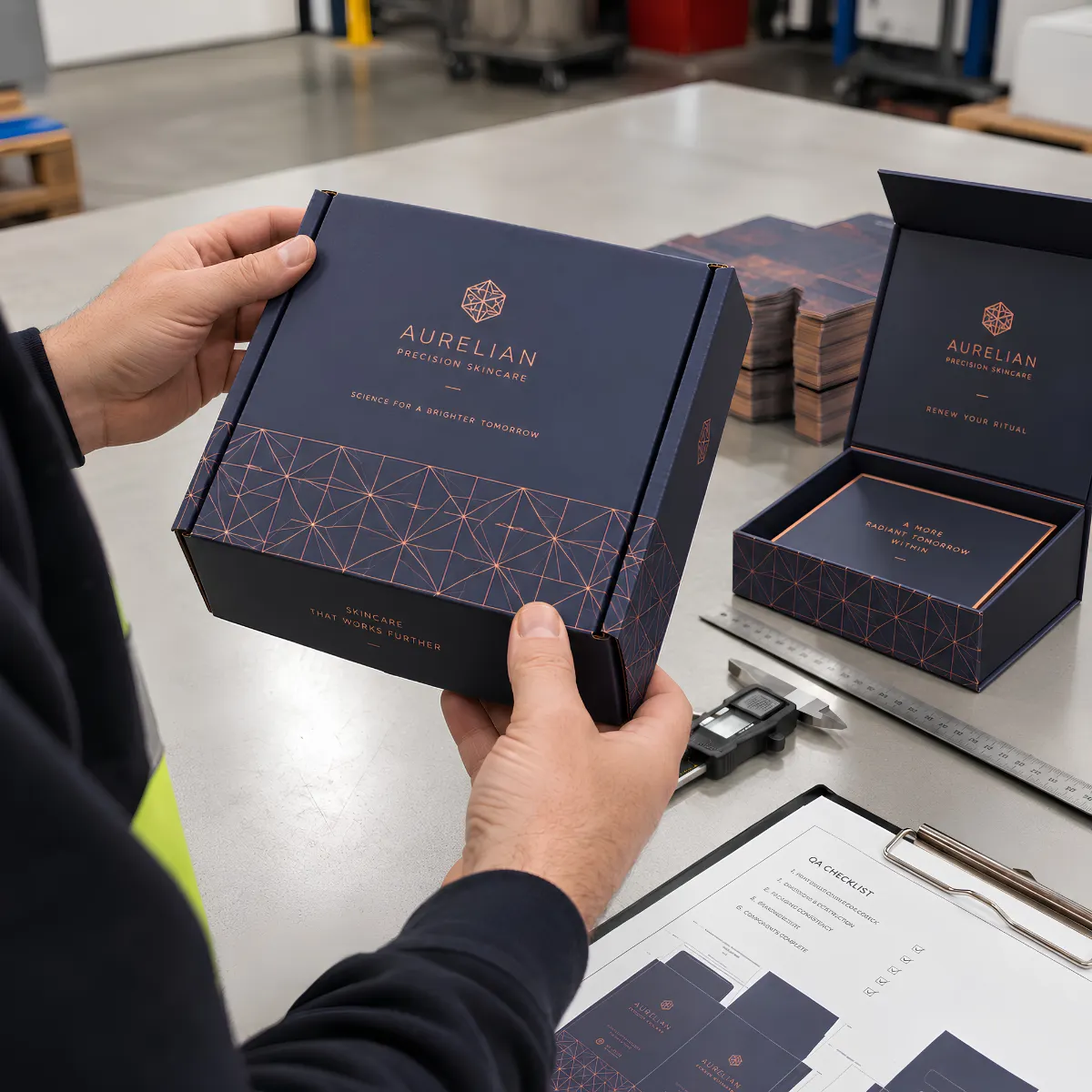 Quality control check on custom postal boxes before dispatch