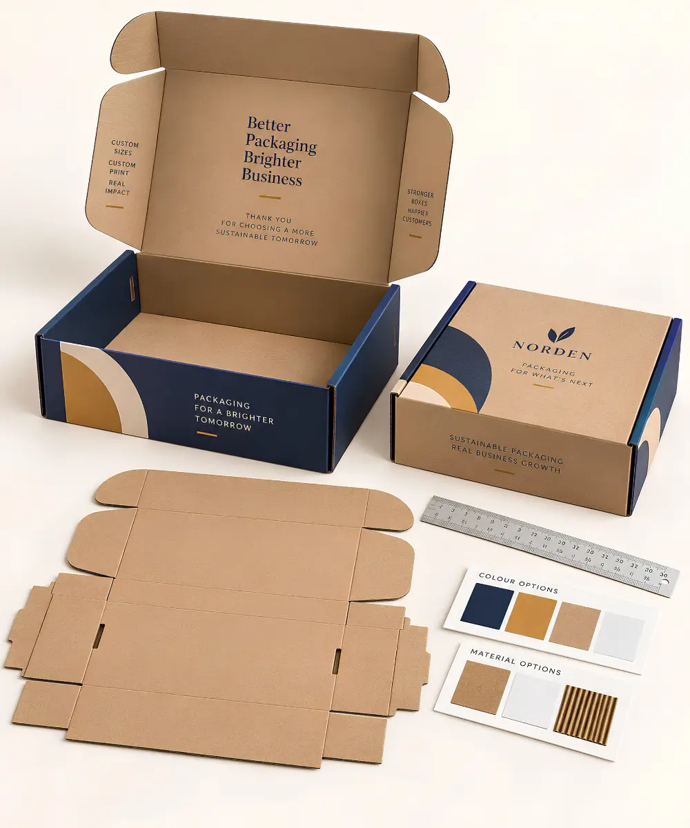 Printed Custom Postal Boxes being prepared for a packaging quote and specification