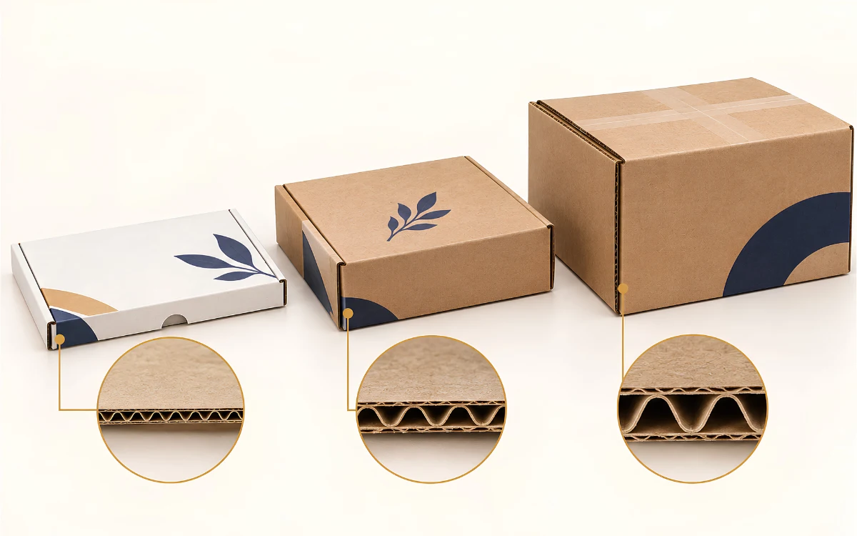E flute, B flute and C flute corrugated postal boxes showing different board thicknesses and flute profiles