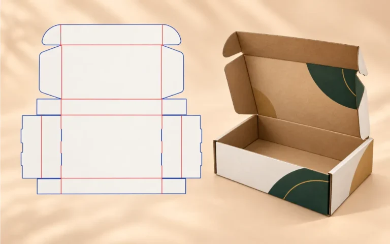 Packaging dieline showing cut lines, crease lines, bleed, safe areas and custom box artwork panels