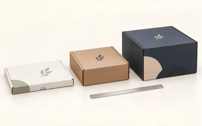 Three postal packaging boxes in different sizes representing Royal Mail large letter, small parcel and medium parcel categories on a warm ivory background