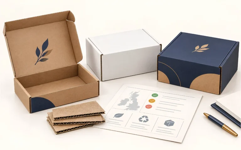 Corrugated postal boxes with a packaging material assessment sheet representing UK EPR and recyclability considerations
