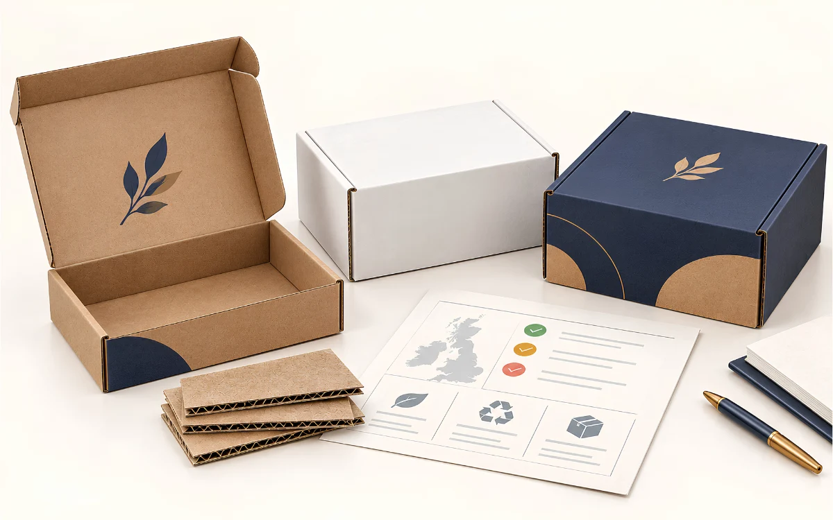 Corrugated postal boxes with a packaging material assessment sheet representing UK EPR and recyclability considerations